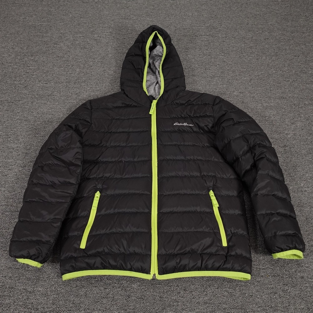 Eddie Bauer Jacket Youth Medium 10-12 Black Reversible Hooded Down Puffer Winter